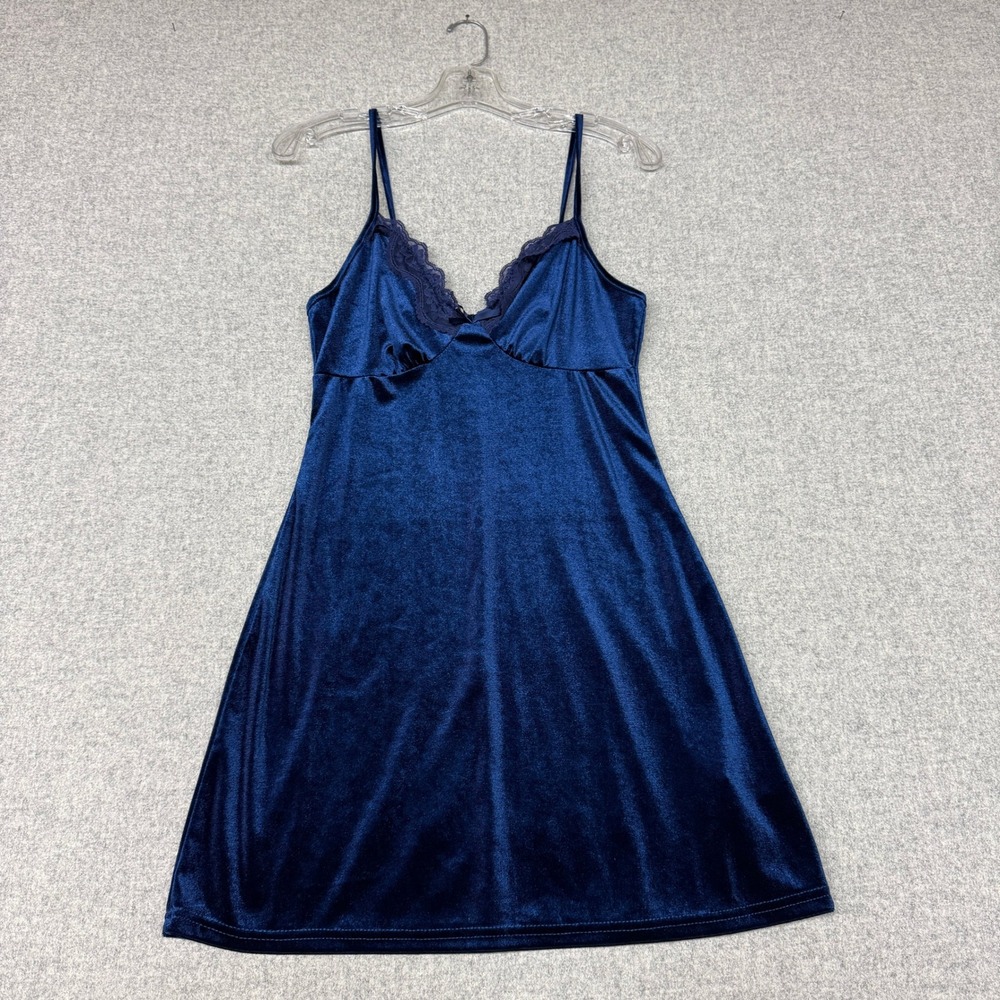 Unbranded Velvet Slip Dress Small Navy Blue Lace Trim Spaghetti Strap Lingerie